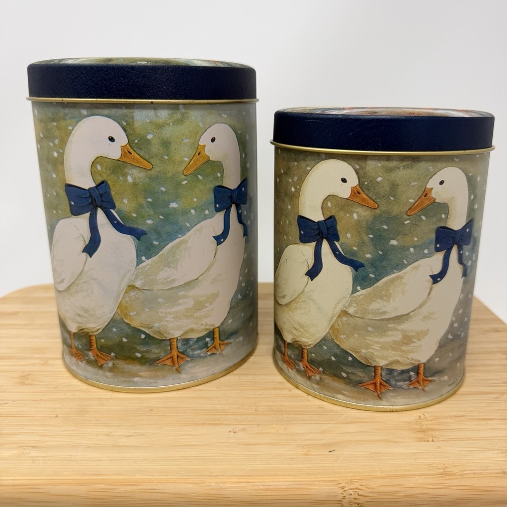 Vintage White Goose & Blue Bow Nesting Tin Canister Set of 2 Kitch Grandma Core
